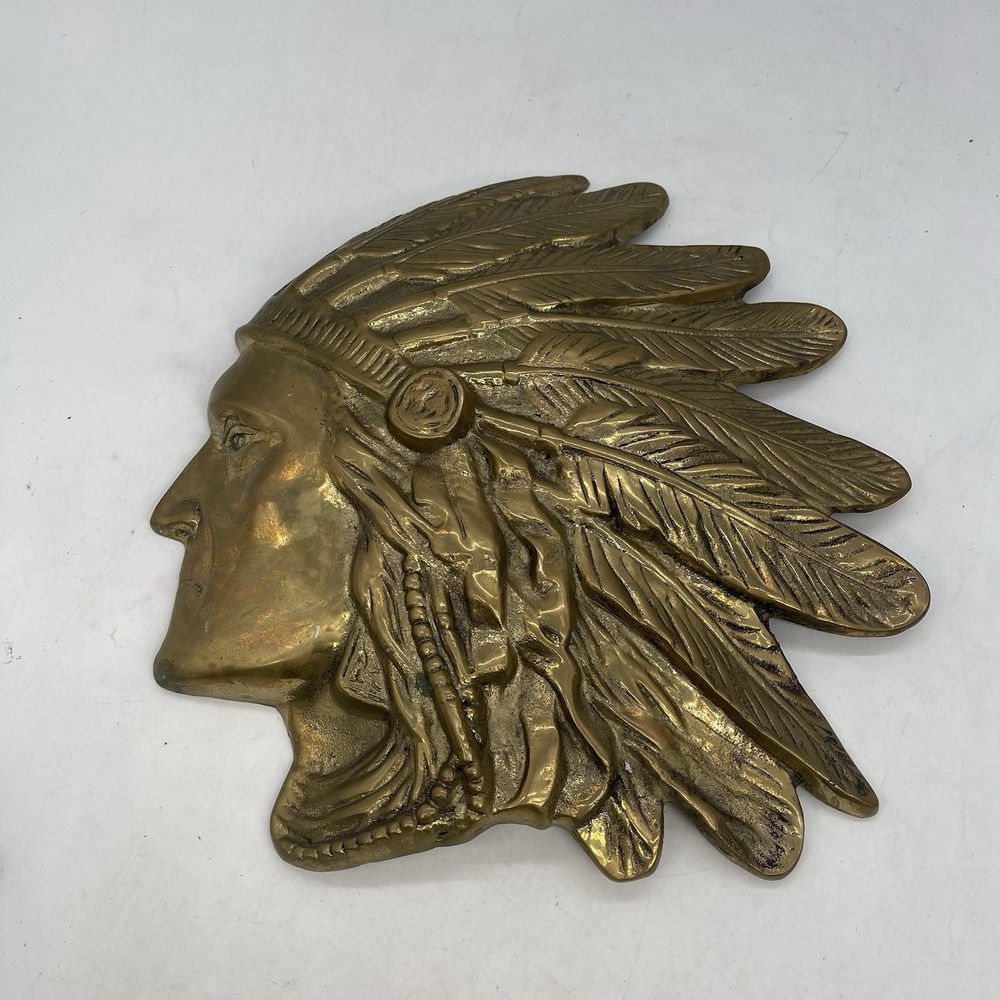 Vintage Native American Solid Brass Indian Chief Head Wall Decor Hanging W Chain